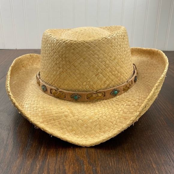 Fiesta Women’s Straw with Leather Band with Turquoise Beaded Cowboy Hat Sz XL - Picture 2 of 8